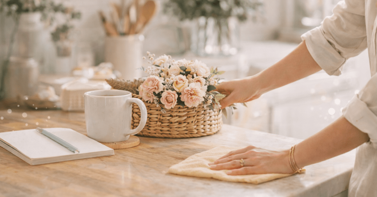 Mulher organizando a bancada da cozinha com flores e caneca em ambiente claro, leve e acolhedor.