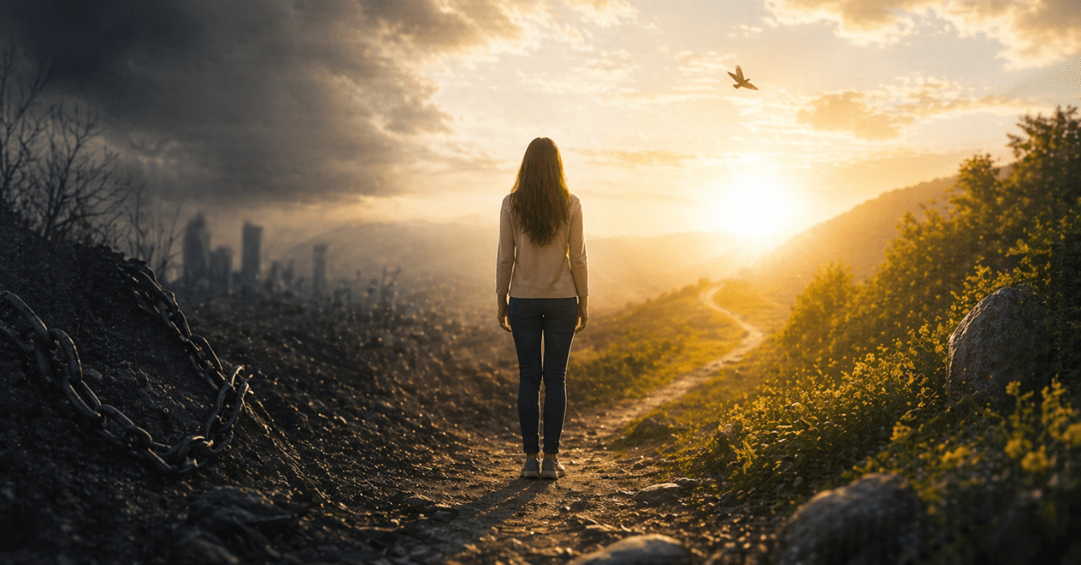 mulher caminhando entre sombra e luz em direção ao amanhecer, simbolizando esperança, recomeço e superação